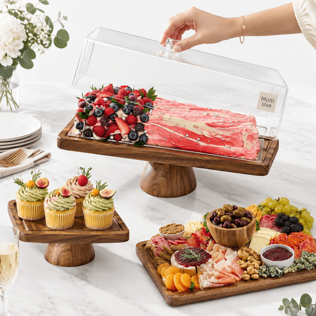 Rectangle Wood Cake Stand With Lid, 2-in-1 Charcuterie Serving Platter ...