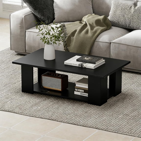 Rectangle Wood Center Table, 41 Inch 2-Tier Large Modern Tea Table with Open Compartment, Easy Assembly, Accent Coffee Table for Living Room, Reception Room, Black