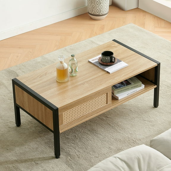 Rectangle Wood Coffee Table, Rattan Coffee Table with Sliding Storage Door, Indoor Cocktail Table, Home Tea Table Desk