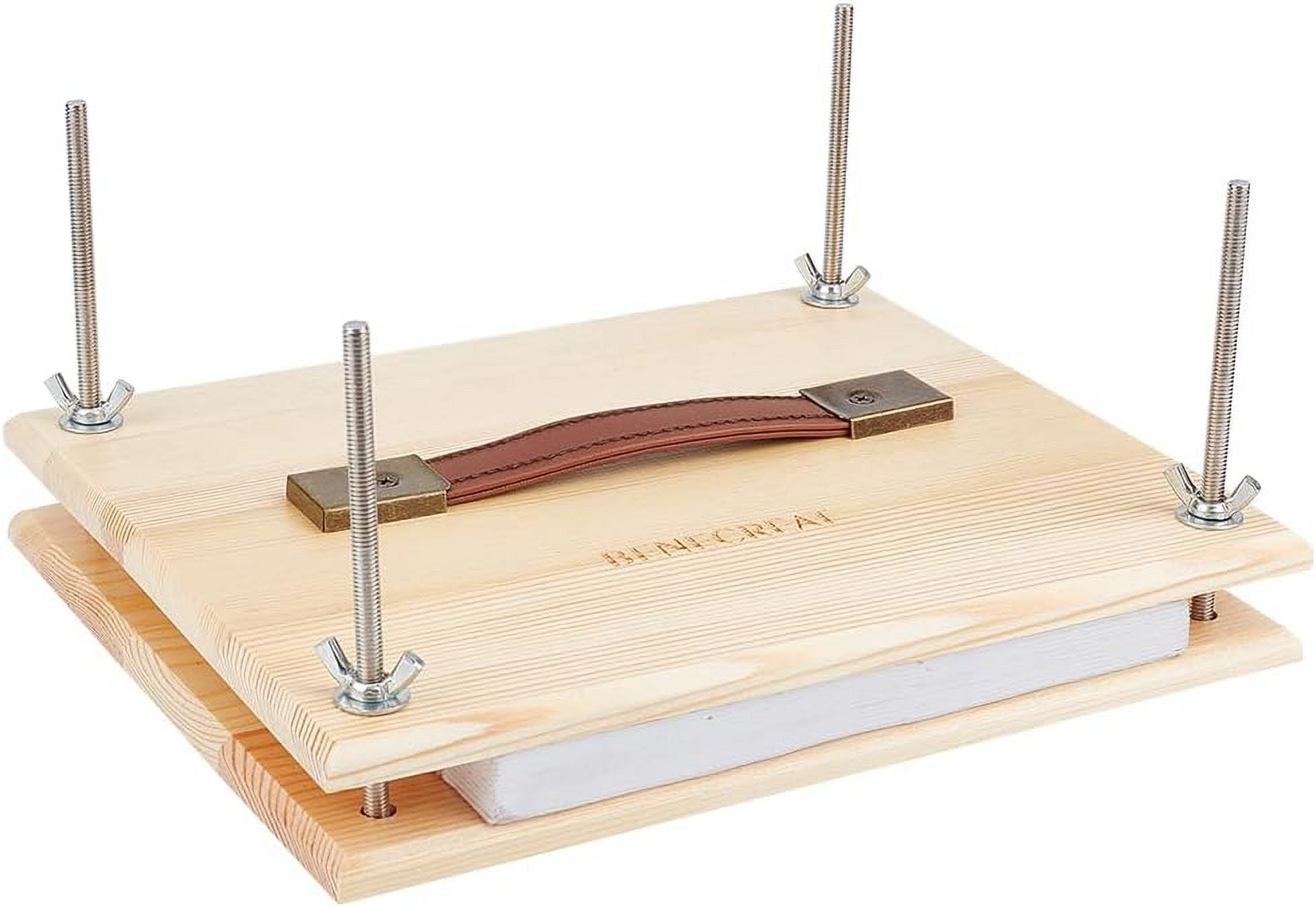 Rectangle Wood & PU Imitation Leather Portable Book Press Bookbinding Tool for Handmade Paper Press with Zinc Alloy Clasps Blanched Almond 205x252x16mm Hole: 8mm