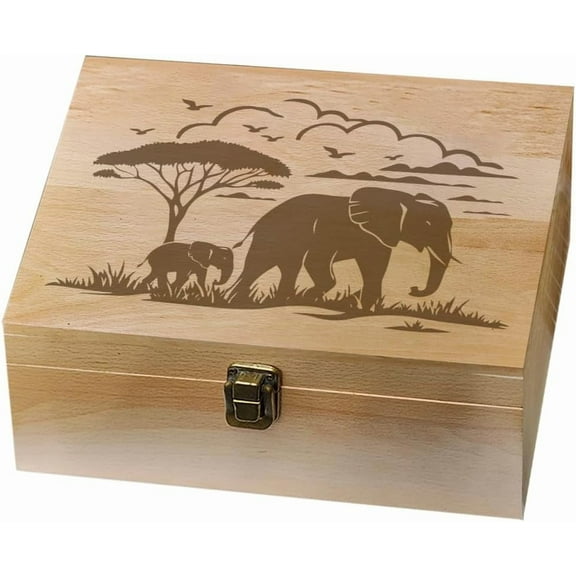 Rectangle Wooden Memory Keepsake Boxes with Lids for Anniversary Wedding Memory Birthday Valentines Day Elephant 24.5x19.5x10.3cm