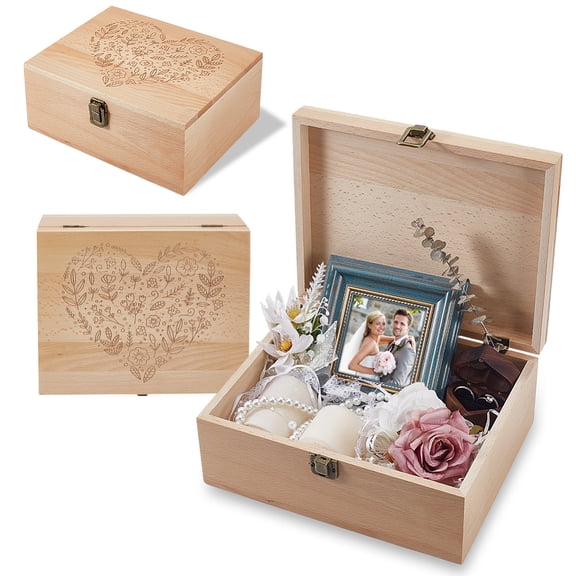 Rectangle Wooden Memory Keepsake Boxes with Lids for Anniversary Wedding Memory Birthday Valentines Day Heart 24.5x19.5x10.3cm Beige