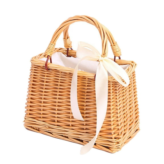Rectangle Woven Handbag with Bowknot Wicker Trendy Concise Women Handbag Collocation Accessory