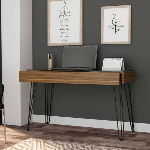 Rectangle Writing Desk With 1 Drawer, Metal Legs And Glass Surface Spacious Drawer Industrial Design
