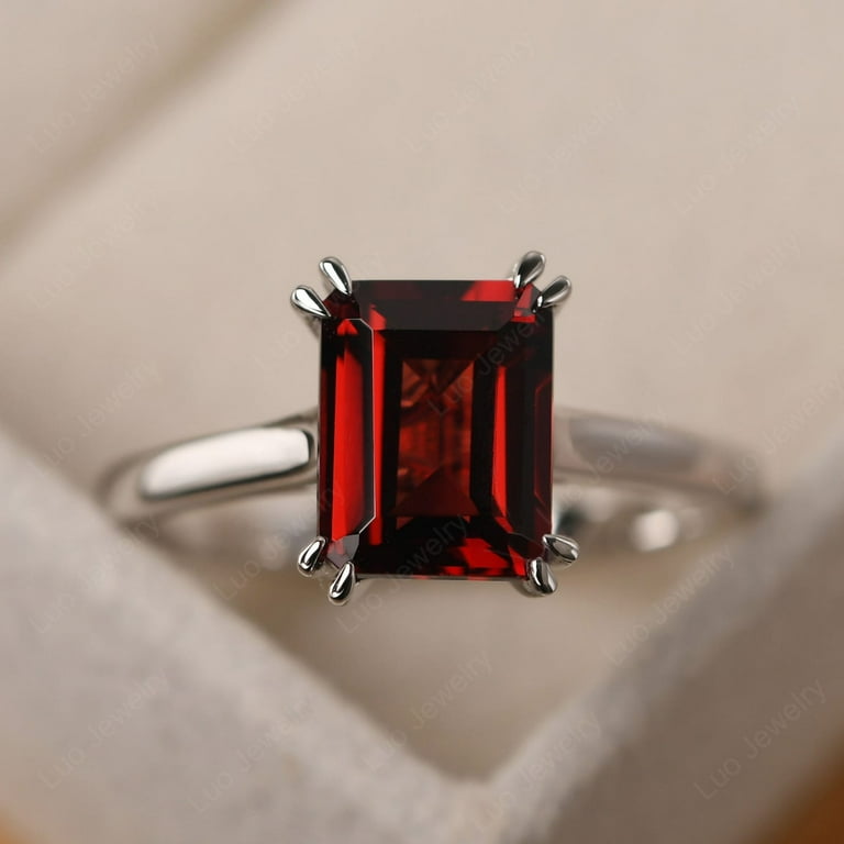 Rectangle garnet bridal ring, emerald cut sterling silver