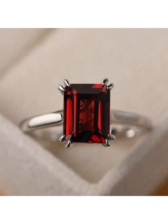 Rectangle garnet bridal ring, emerald cut sterling silver, January birthstone ring