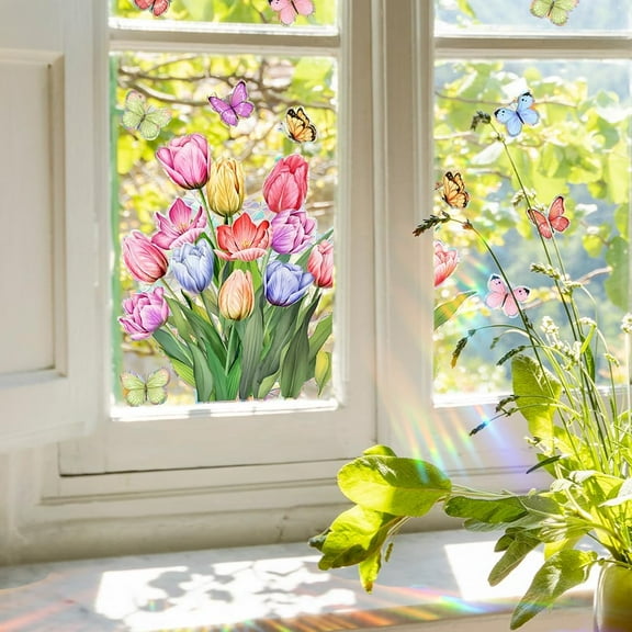 Rectangle with Tulip Pattern PVC Waterproof Window Stickers Self-Adhesive Decals for Window or Home Decoration Colorful 498x300x0.3mm