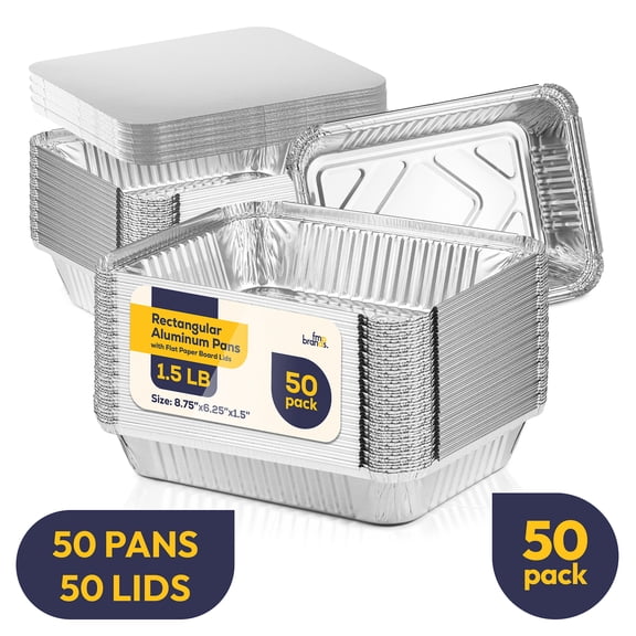Fit Meal Prep 8.75"x6.25" Aluminum Foil Pans with Lids, Disposable Catering Pan,50 Count To Go Meal Prep Containers