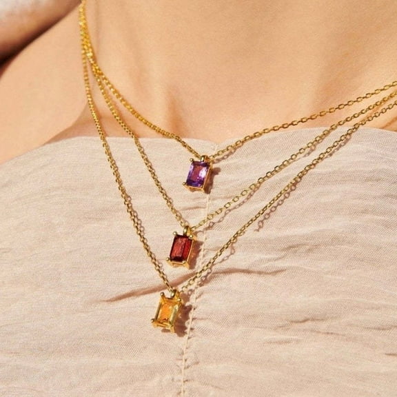 Rectangular 12month Birthday Stone Pendant Colorful Zircon Clavicle Chain