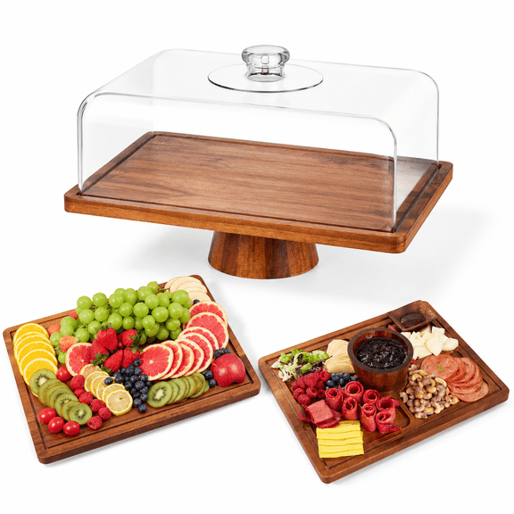 Rectangular 17*13*9 Wood Cake Stand With Lid 2-in-1 Serving Platter