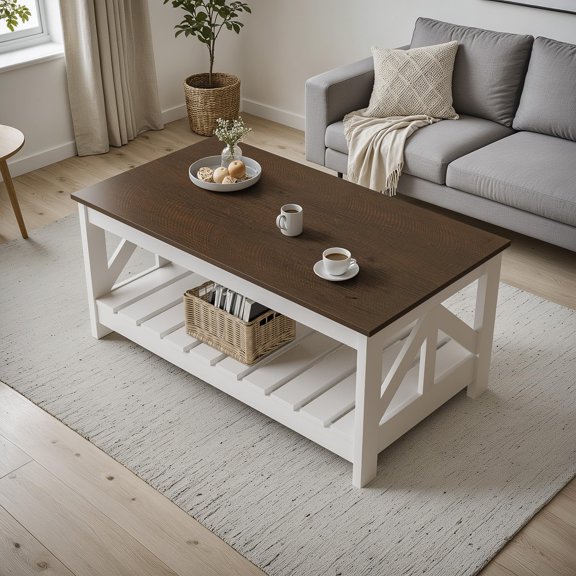 Rectangular 36 Inch 2-Tier Coffee Table With Storage Shelf, Brown Wood Top & White Base