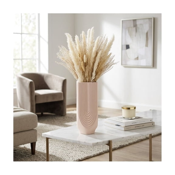 Rectangular 3D Printed Vase for Living Room Decor - Modern Stoneware Porcelain Flower Vase for Home, Bedroom, Office, and Table Decor - Glam Room Accent Piece for Console and Mantel - 13", Pink