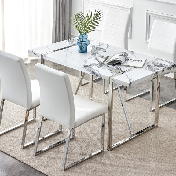 Rectangular 4 Dining Table, 55 Inch Faux Marble, White & Silver, Straightforward Assembly, Home Office And Living Room Dinner Table For 4, Marble Texture, Quick For