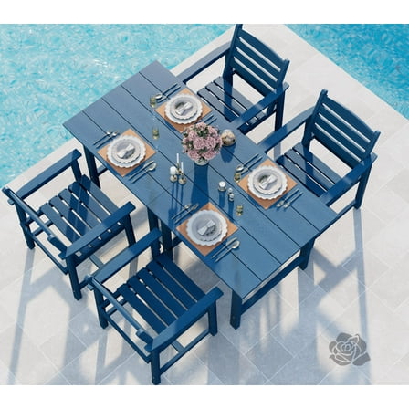 Eclife 4-Person Outdoor Dining Set with 6 Arm Chairs and Extendable HDPE Plywood Table, Blue