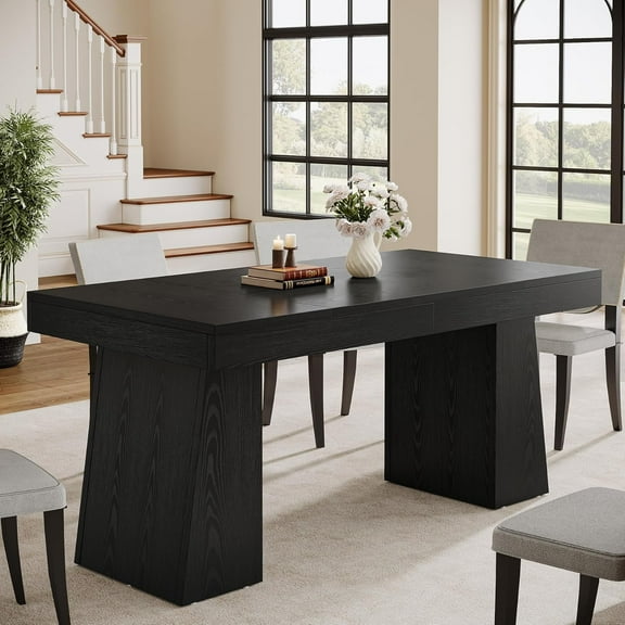 Rectangular 55" Dining Table for 4-6, Mid-Century Modern Kitchen Dining Table, Black