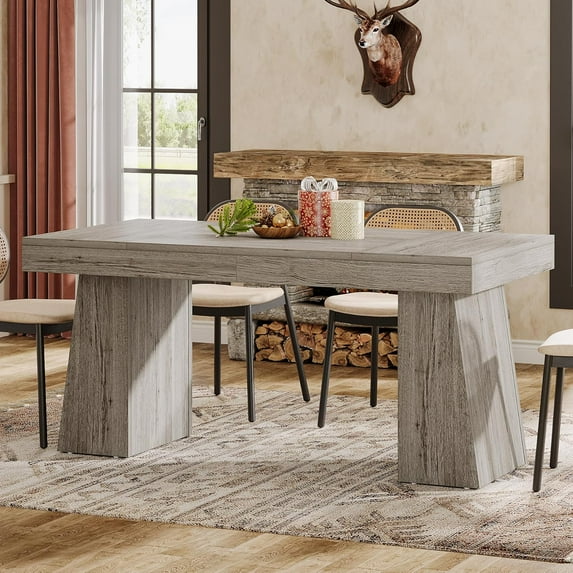 Rectangular 55" Dining Table for 4-6, Mid-Century Modern Kitchen Dining Table, Gray