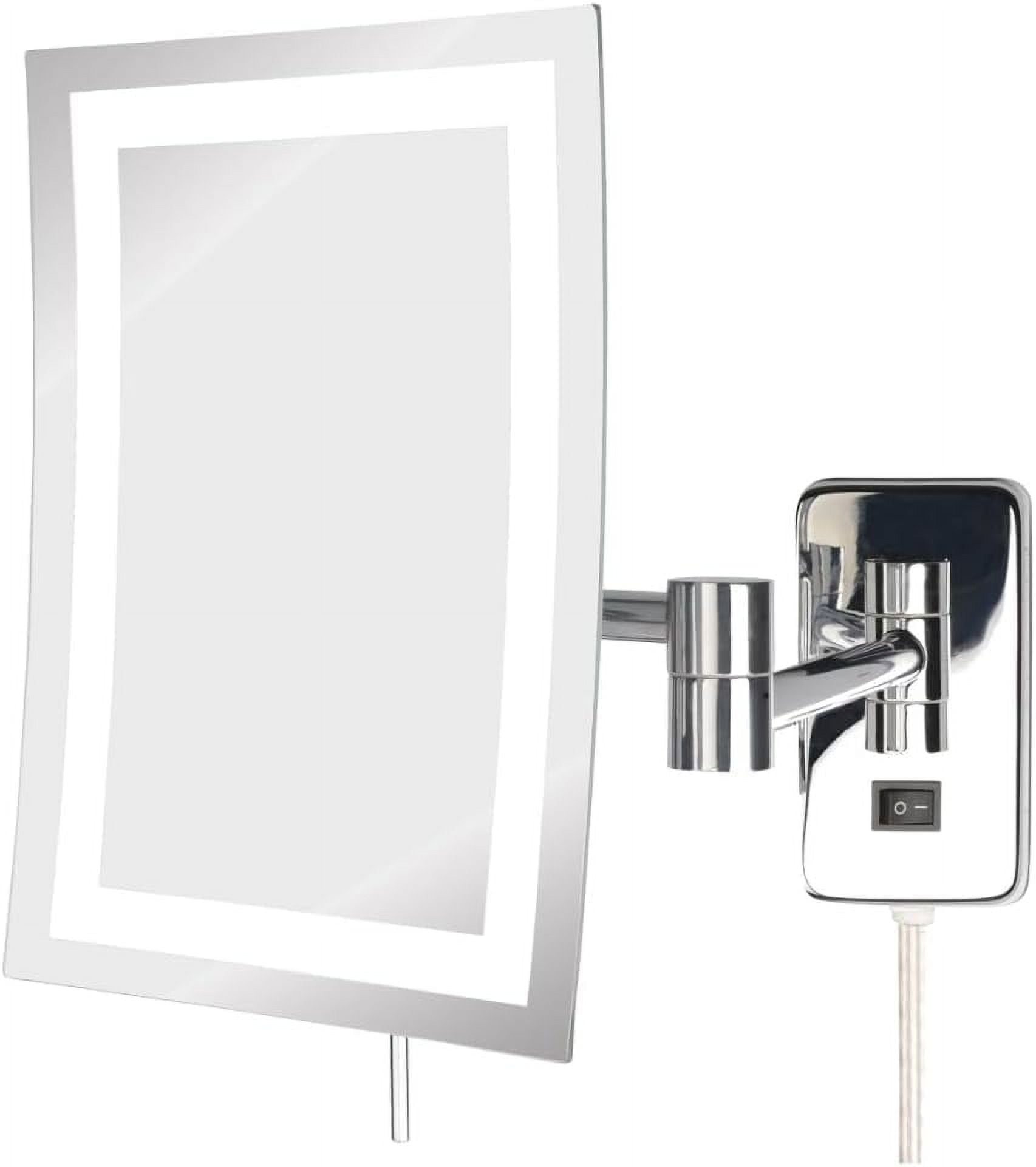 Modern Rectangular LED Lighted Wall-Mount Makeup Mirror, 5x Magnification, Silver Chrome