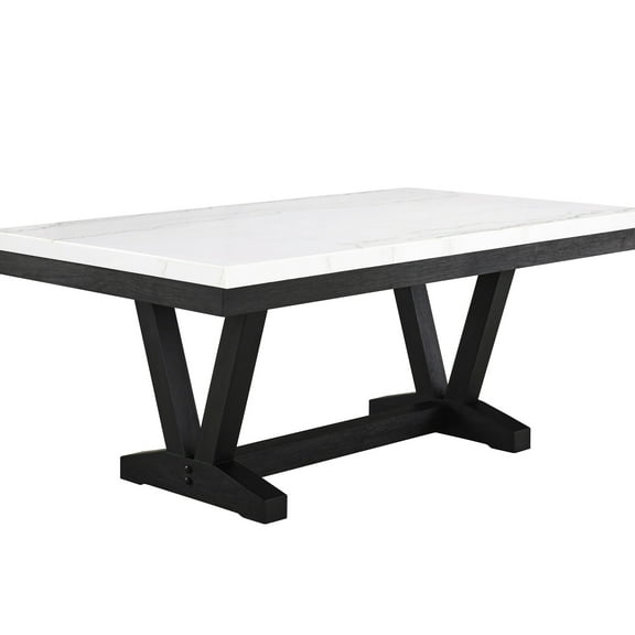 Rectangular 6 Dining Table With Glossy Marble Surface And Black Trestle Stand Modern 6 Top Strong Base