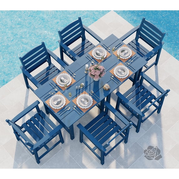 Rectangular 6 - Person 67“ L Outdoor Patio Dining Table Set with 6 Arm Chairs Extendable HDPE Plywood