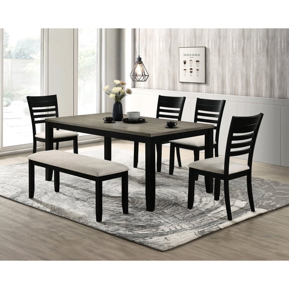 Rectangular 6-Piece Dining Set | Designed for Dining Room Use | Two-Tone Wood and Cushioned Bench | Solves Seating Flexibility Issue