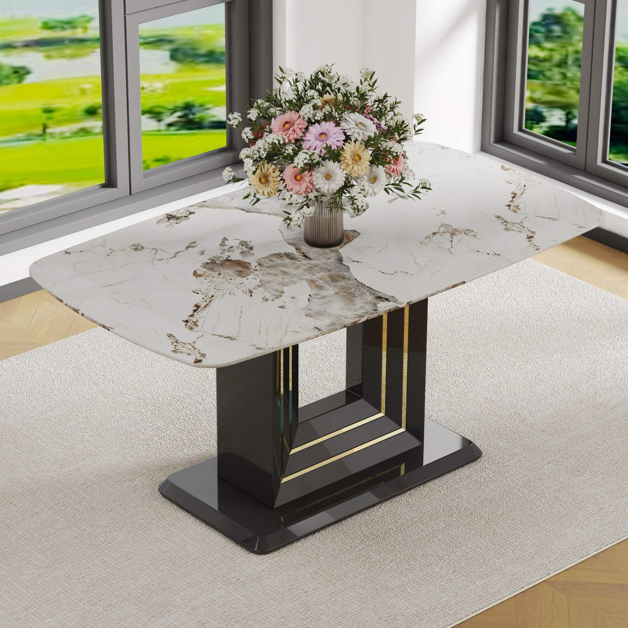 Rectangular 63" Marble Dining Table, Luxurious Dining Room Table With ...