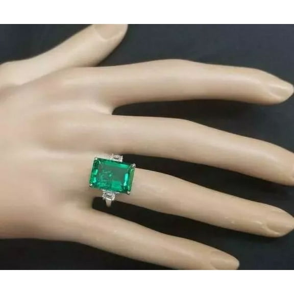 Rectangular 7.50 CT Green Colombian Emerald With Two CZ Three Stone Stylish Ring