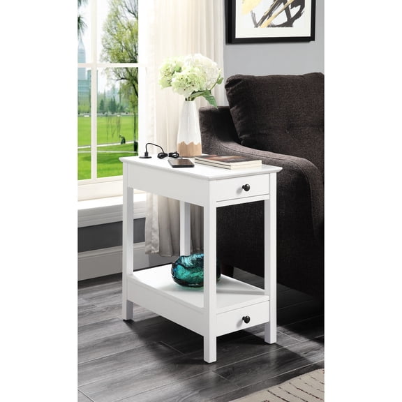 Rectangular Accent Side Table | USB Charging and Storage | White Finish on Pine and MDF | Top Holds 40lbs