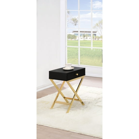 Rectangular Accent Table With 1 Drawer, Black Veneer Top And Brass Metal Trestle Drawer Finish "x" Base