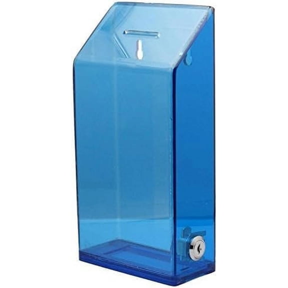 Rectangular Acrylic Donation Suggestion Collection Box Pre Drilled Holes for Wall Mounted Or Retail Countertop Tip Box with Slant top 9.75 x 5 inches, Lock with Set of Keys Translucent Blue