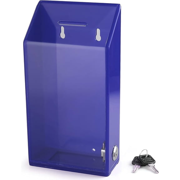 Rectangular Acrylic Donation Suggestion collection Box Pre Drilled Holes For Wall mounted Or Retail Countertop Tip Box with slant top 9.75 x 5 inches, Lock With set of keys Blue