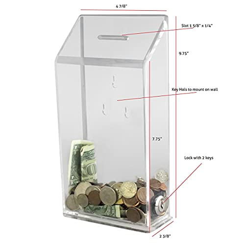 Rectangular Acrylic Donation Suggestion collection Box Wall mounted Or Retail Countertop Tip Box with slant top 9.75 x 5 inches, Lock With set of keys (Clear)