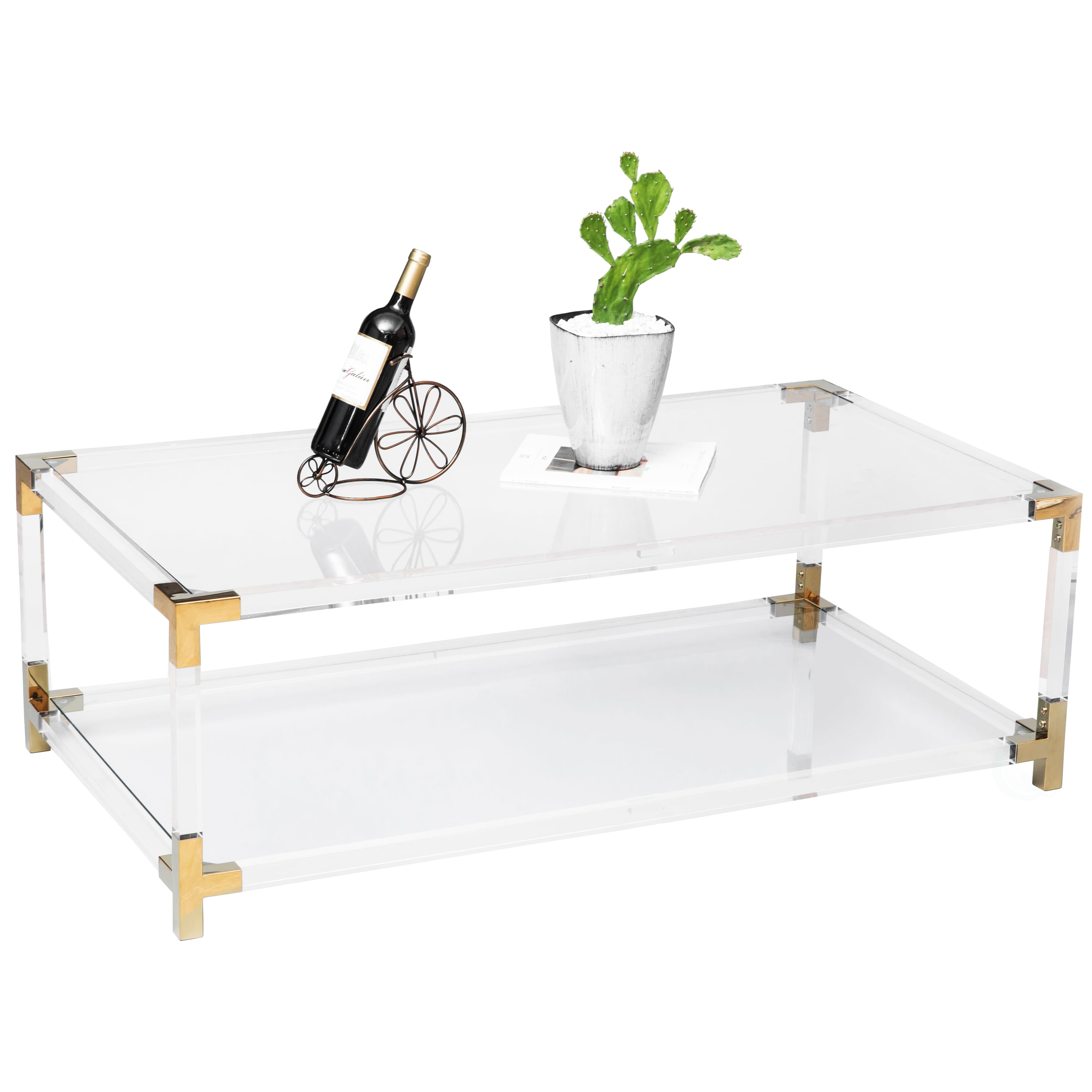 Rectangular Acrylic Modern Gold Metal Coffee Table with Tempered Glass