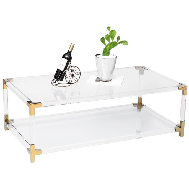 Rectangular Acrylic Modern Gold Metal Coffee Table with Tempered Glass ...