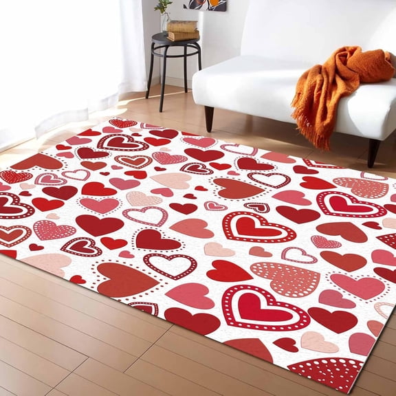 Rectangular Area Rug for Living Room, Bedroom, Red Pink Valentines Non-Slip Residential Carpet, Kitchen Rugs, Red Love Heart Floor Mat with Rubber Backing 5'' x 7''