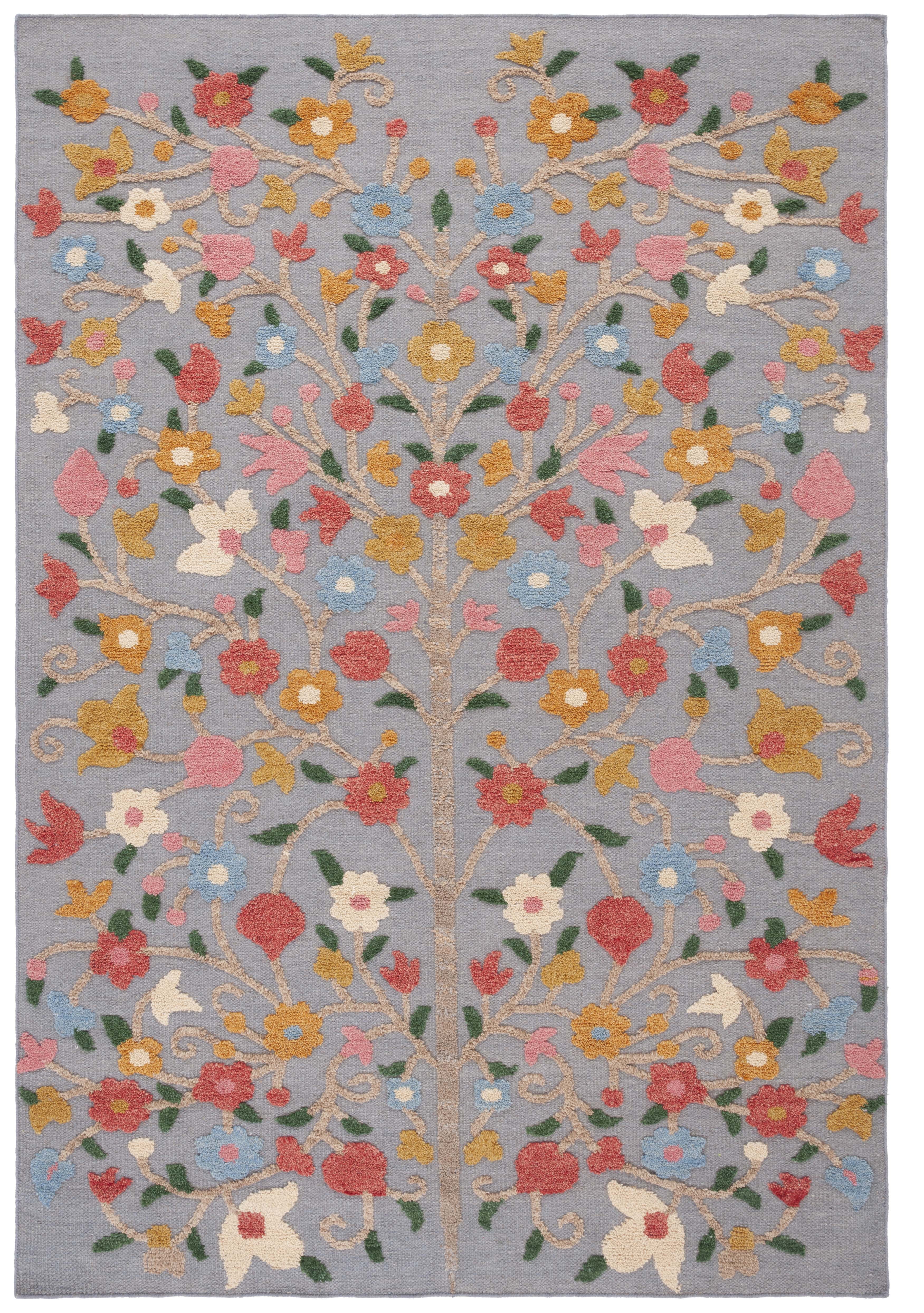 Grey and Pink Floral Wool Hand-Knotted 8' x 10' Area Rug