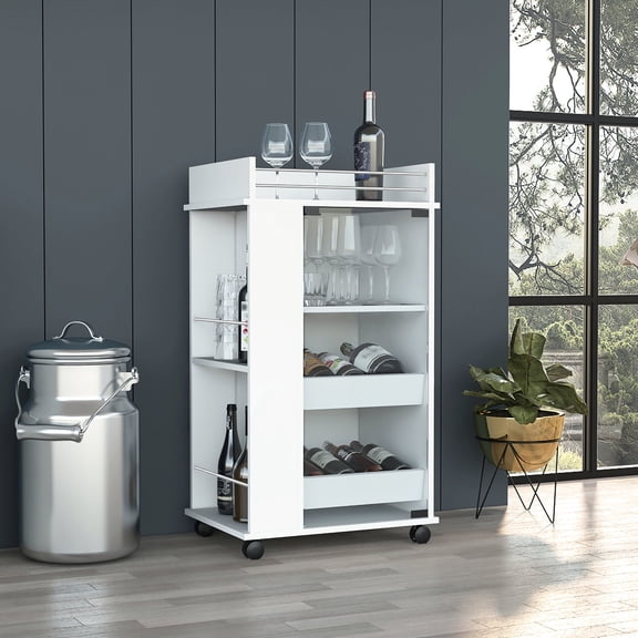 Rectangular Bar Cart with Glass Door | Showcase Spirits and Cocktail Gear | Smooth Mobility for Room-to-Room Use