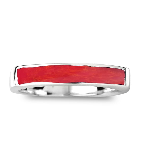 Rectangular Bar Red Coral Stone Inlay Sterling Silver Ring-7