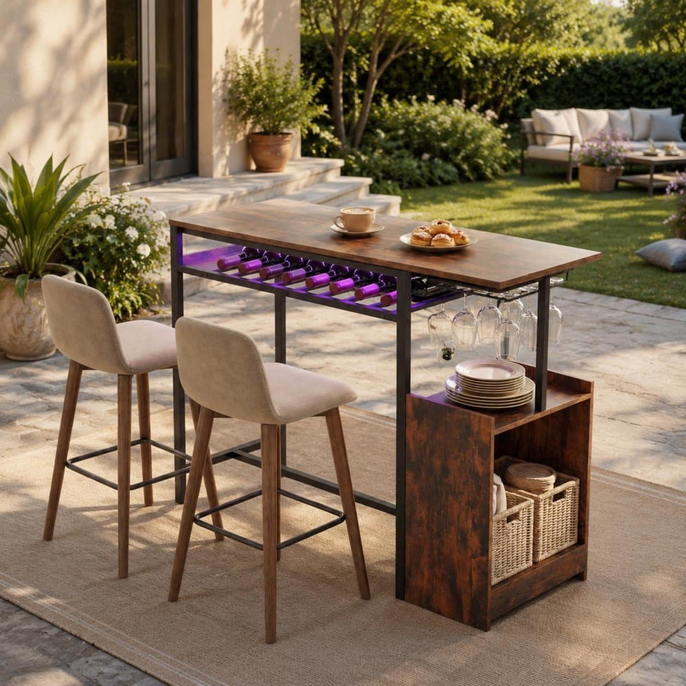 Rectangular bar table, rustic brown, with charging station, LED light ...