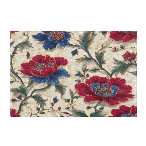 Rectangular Bath Rug Non Slip Absorbent Rug 16x24in Bathroom Mat Red and Indigo Blue Flowers