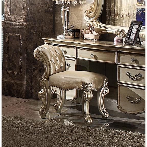 Rectangular Bedroom Vanity Stool | Sturdy Support with Scrolled Legs | Wood and Fabric Main Materials | Plush Feel from Tufted Cushions