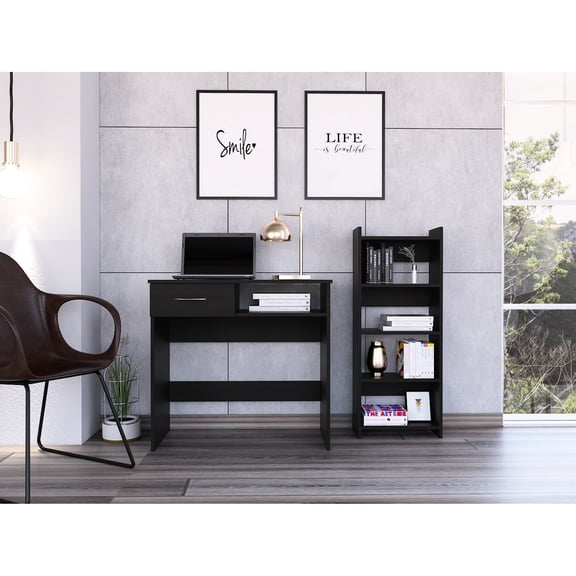 Rectangular Black Desk With Single Drawer And Keyboard Tray, Along 5-shelf Bookcase For Bedroom Office Home - Modern Drawer, Rectangular, Particle Board Material