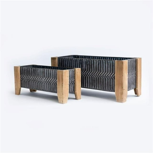 Rectangular Black Patterned on Wooden Legs Planters, Set of 2