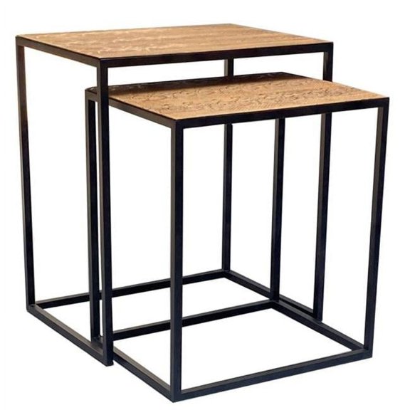 Rectangular Black Powder Coated Frame & Lion Faux Leather Top Nesting End Tables - Set of 2