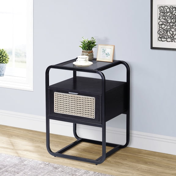 Rectangular Black Wood Table with Rattan - Front Storage / Durable Surface for Decor