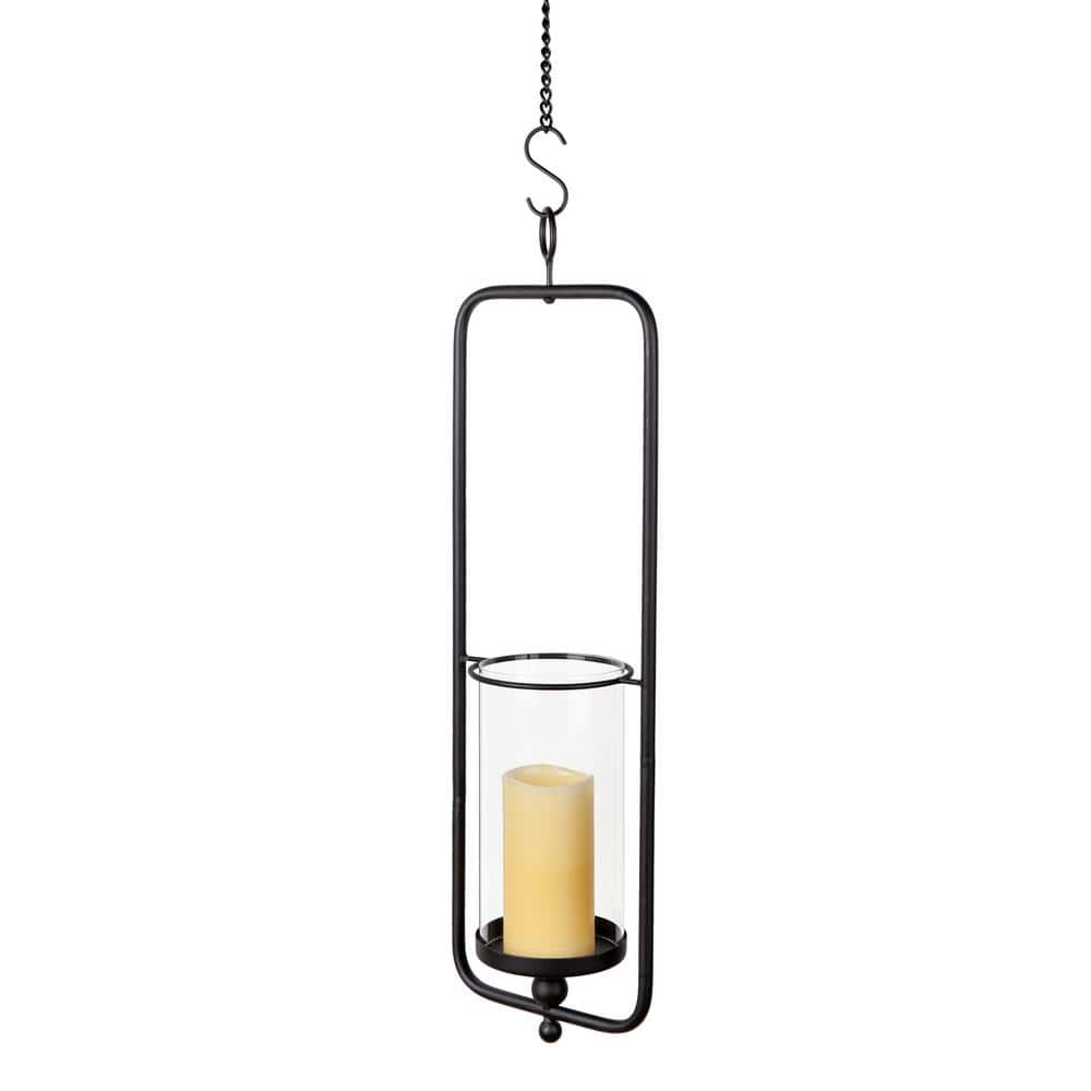 Rectangular Black Wrought Iron and Glass Hanging Hurricane Candle