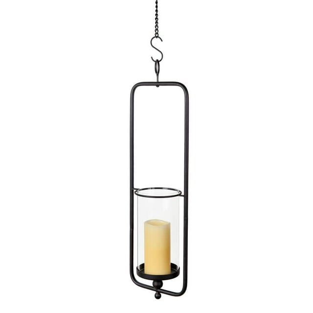Rectangular Black Wrought Iron and Glass Hanging Hurricane Candle