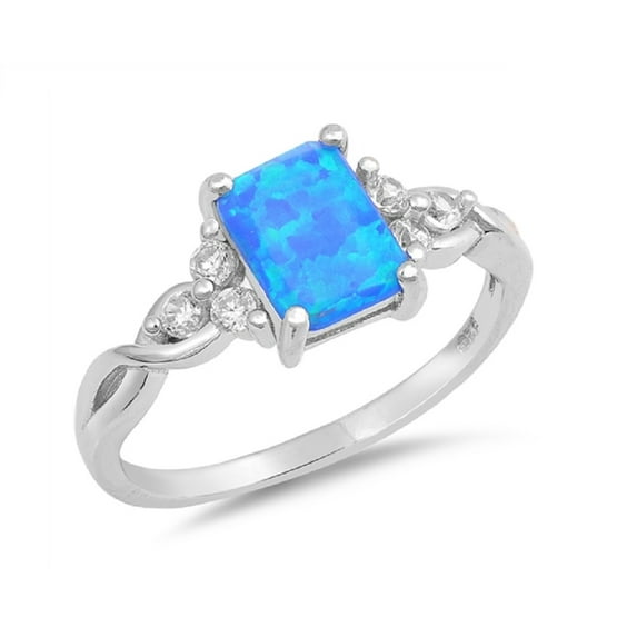 Rectangular Blue Simulated Opal With Clear Cubic Zirconia Designer Sides Ring Sterling Silver