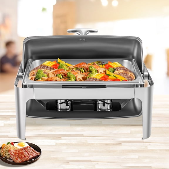 Rectangular Buffet Set, 9L Capacity with Dual Fuel Cans, 25.2x18.11in Silver Finish, Ideal for Hotels and Banquets
