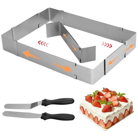 Adjustable Rectangular Cake Ring Expandable Stainless Steel Baking Mold with Divider & 2 Spatulas, 11"20.9" L x 7.1"13.4" W, for Tiramisu, Mousse, Cheesecake & Brownies