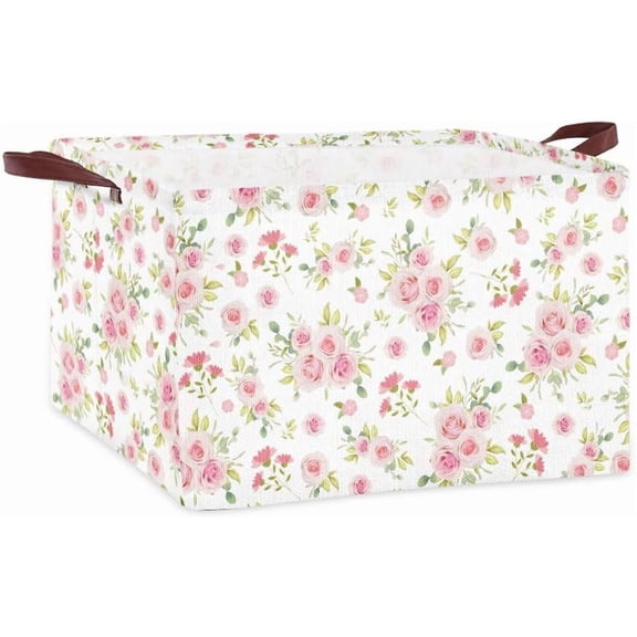 Rectangular Canvas Storage Bins Pink Spring Day Rose Flower Storages Baskets Cotton Linen Laundry Basket Laundry Storage Basket Collapsible Organizer